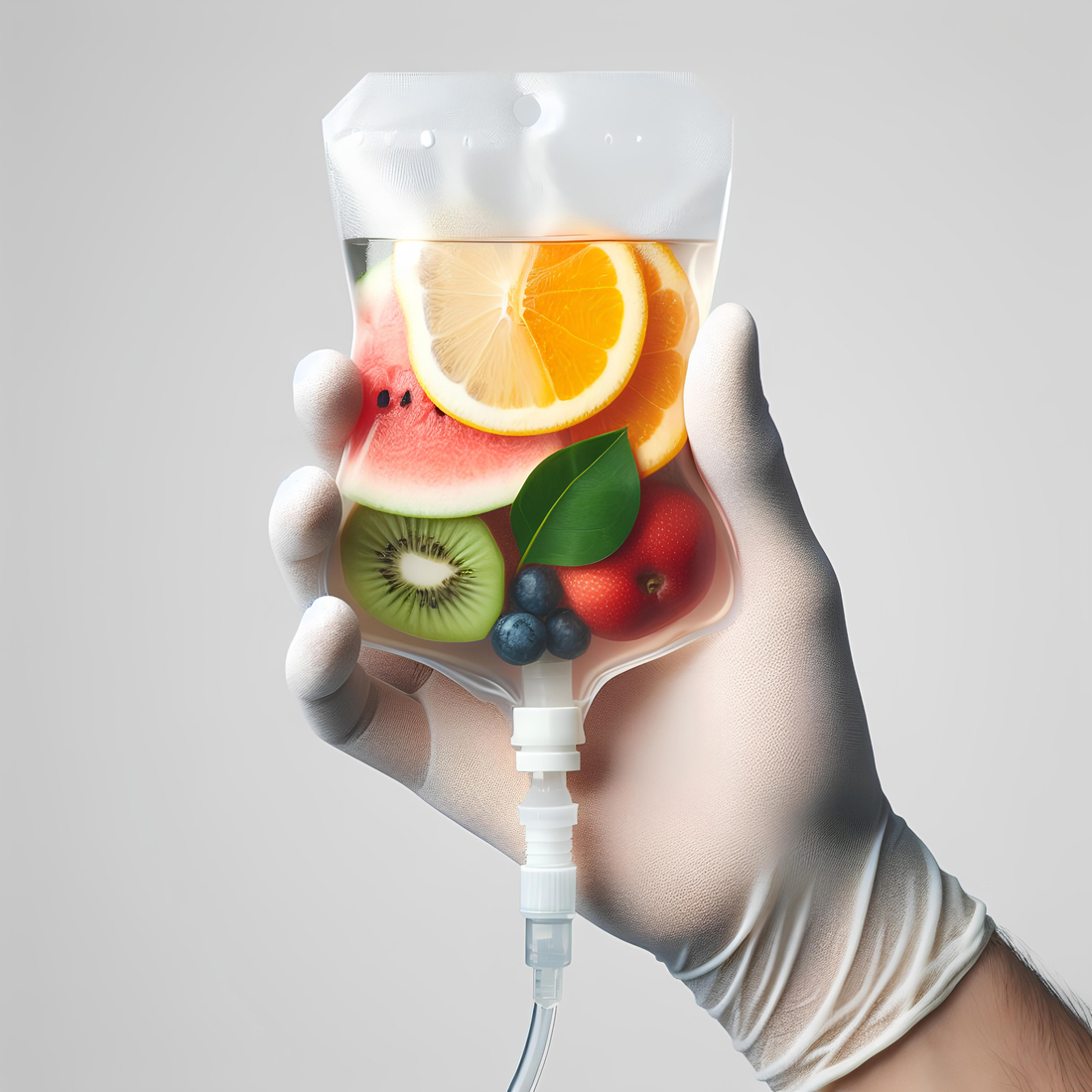 Human Hand Holding Saline Bag With Fruit Slices Over White Background